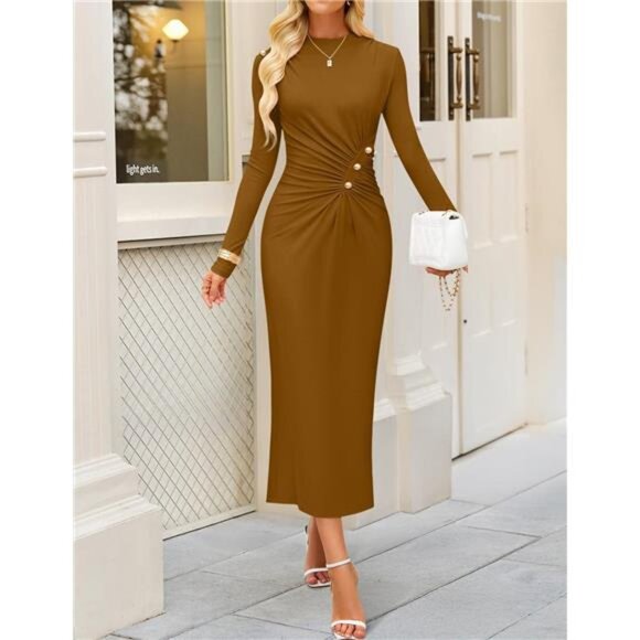 Womens Long Sleeve Mock Neck Bodycon Midi Dress Camel - Picture 1 of 6